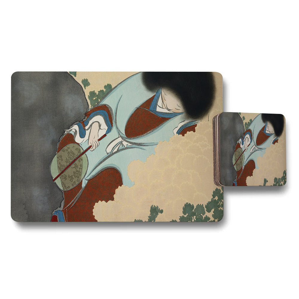 Placemat And Coaster Set Featuring Traditional Ukiyoe Artwork
