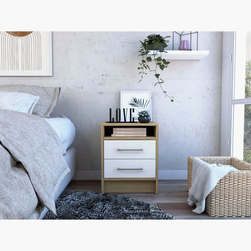 Table de chevet Eter, plateau supérieur, deux tiroirs et tablette ouverte, Blanc / Chêne clair