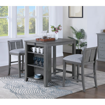 3-Piece Grey Finish Small Space Counter Height Dining Table with Shelves and 2 Chairs