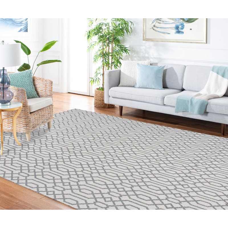 Gray Geometric Hand-Knotted Wool and Cotton 5' x 7' Rug