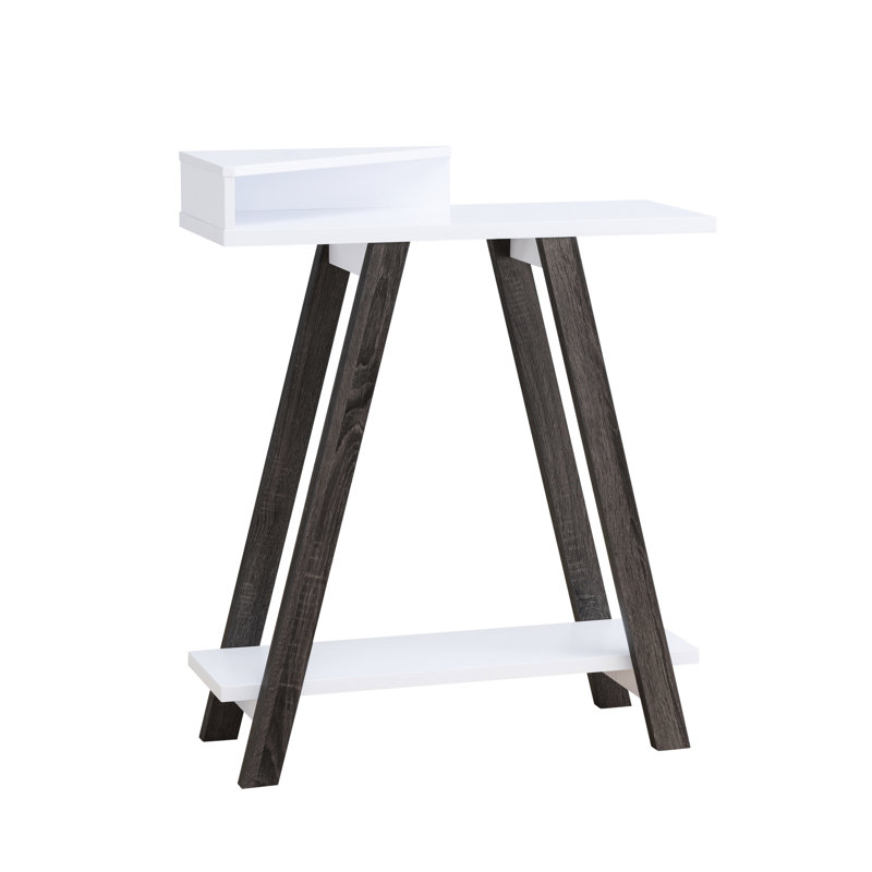 Console blanche et grise à deux tons, 2 tablettes, table de jouvence en forme de pieds - gris, rangement supplémentaire, aspect