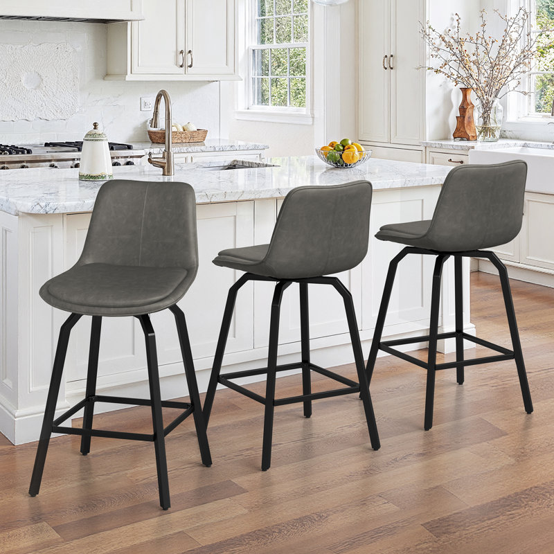 Yannis 26''H Faux Leather Swivel Barstools, Dark  Gray, 3