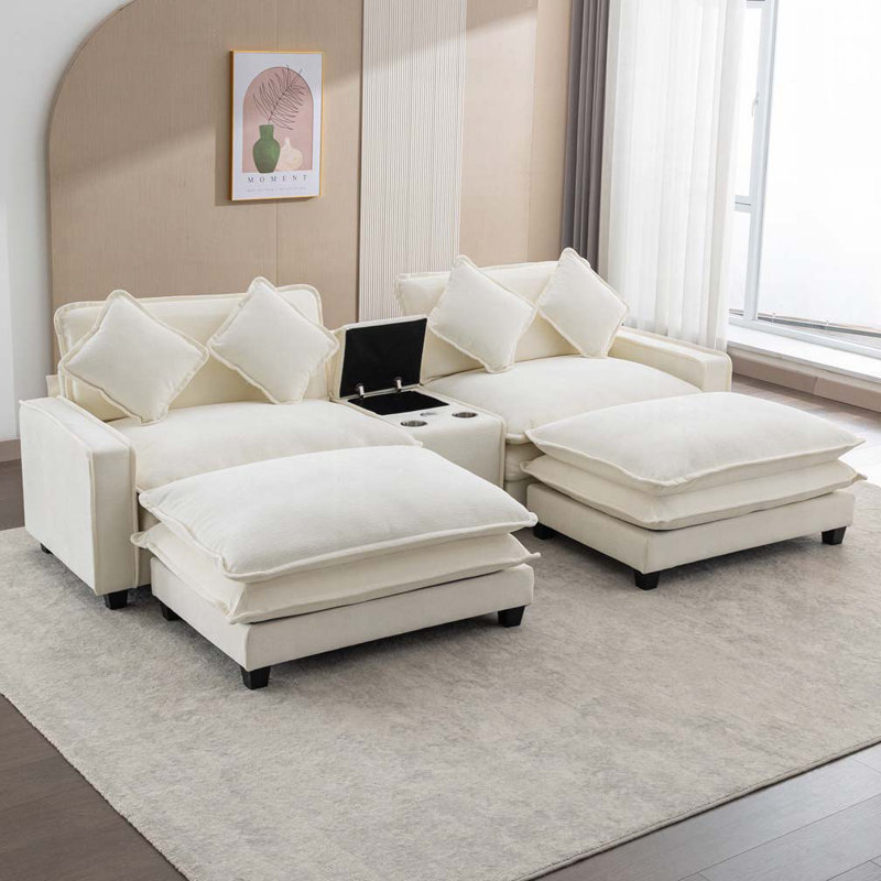Canapé en chenille avec deux repose-pieds amovibles, deux ports USB, deux porte-gobelets et une grande boîte de rangement