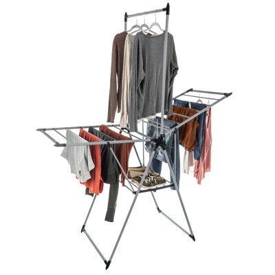Home-Complete Clothes Drying Rack - 2-Level Laundry Drying Rack with 24 Drying Rails, Hanging Bar, and 2 Height-Adjustable Wings - Indoor/Outdoor Foldable Drying Rack