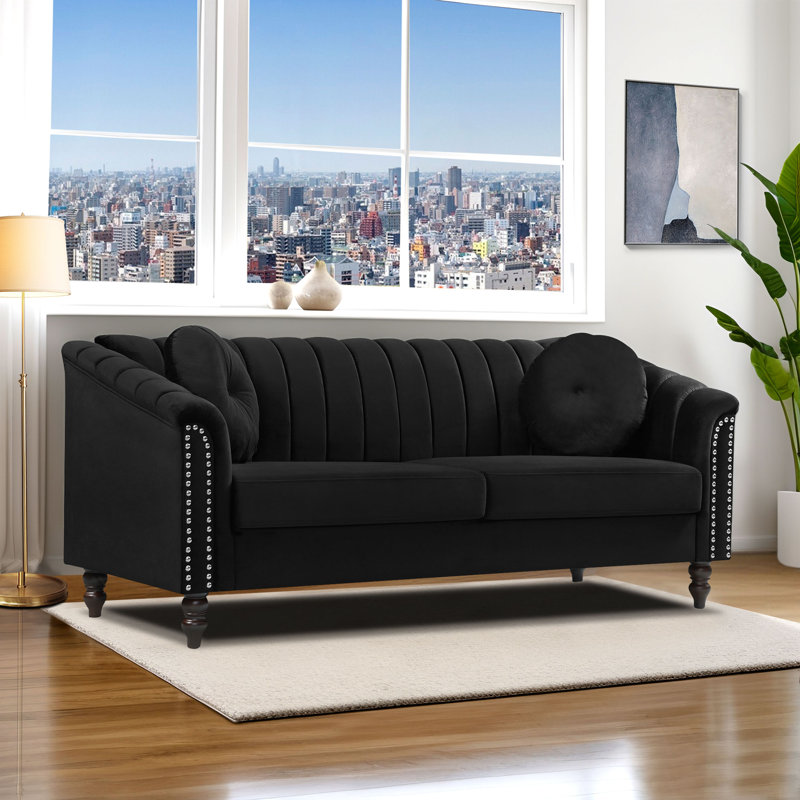 Leiliana Velvet Living Room Sofa,, Black Velvet