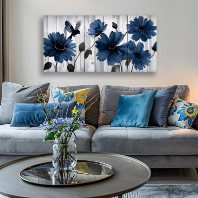 Décoration murale en toile à motif floral bleu, impression de marguerite moderne avec oiseau, décoration de salon, planche de bois gris, fond de bureau encadré