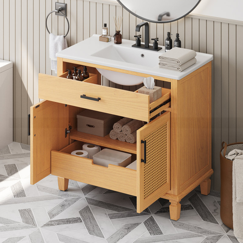 36" Rattan Bathroom Vanity With Ceramic Sink, Natural