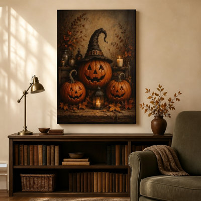 Art rétro sur toile citrouille et chapeau de sorcière rétro d'Halloween, 24 par 36 pouces, prêt à être accroché