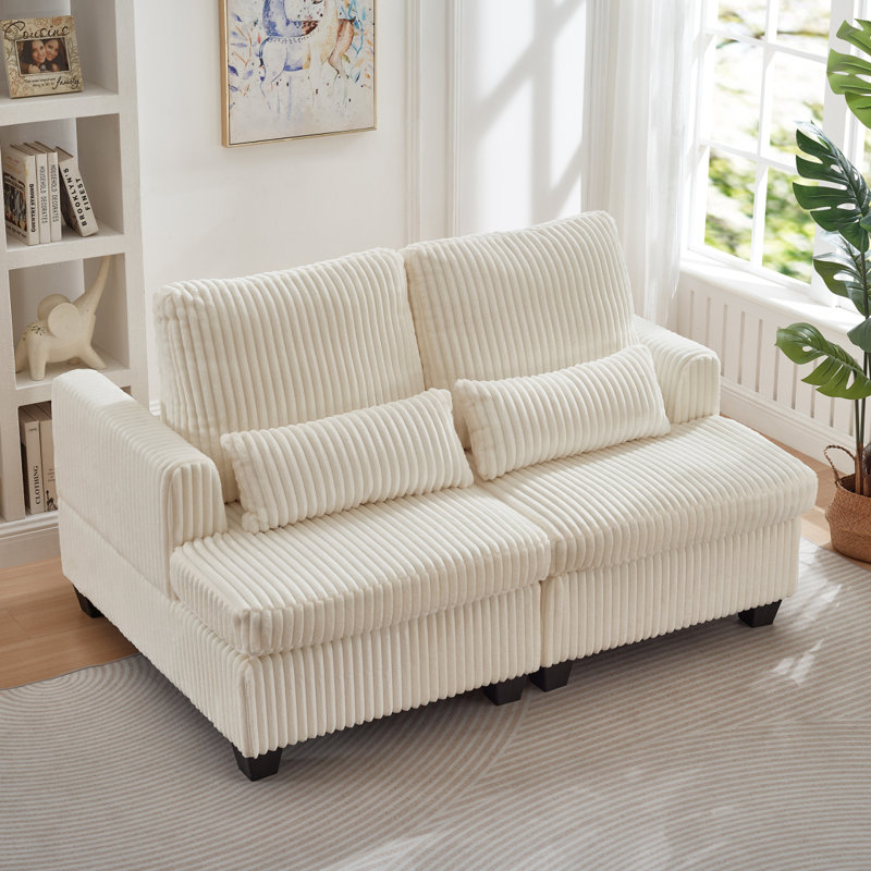 Causeuse avec accoudoirs carrés en velours côtelé Fluffy, Blanc
