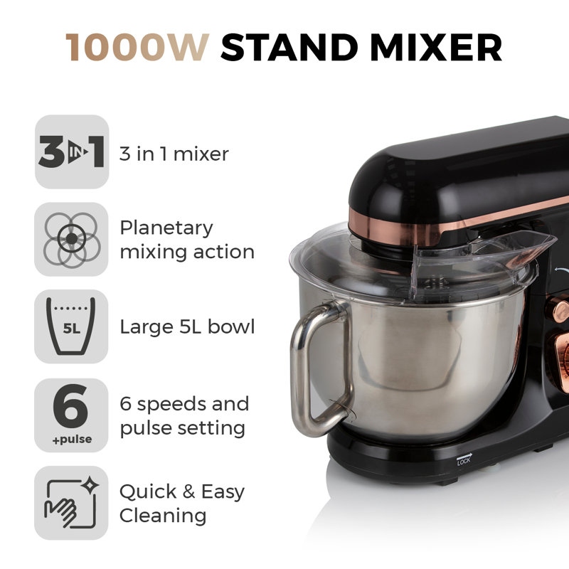 Tower 3-in-1 Stand Mixer with 6 Speeds and Pulse Setting, 1000W