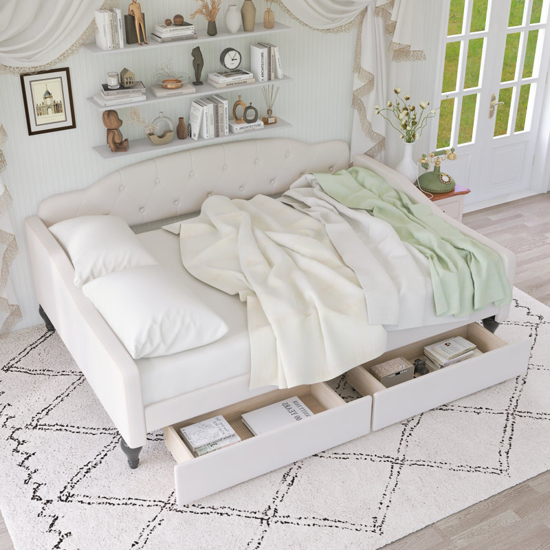 Modern And Stylish Wood Upholstered Tufted Davbed With Two Drawers