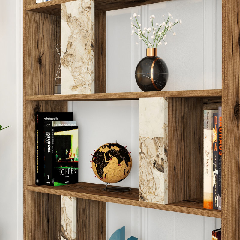 Bibliothèque moderne avec de nombreuses tablettes, design noyer et blanc, 70,9 x 71,0 x 7,9 pouces | 100% panneau de particules enduit de mélamine, fixation murale, capacité de tablette de 77,2 lb | Rangement élégant pour la maison et le bureau