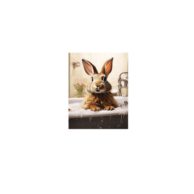 16" X 24" Bunny In Bathtub Picture Funny Rabbit Painting Canvas Solid Wood Frame Wall Decor Brown