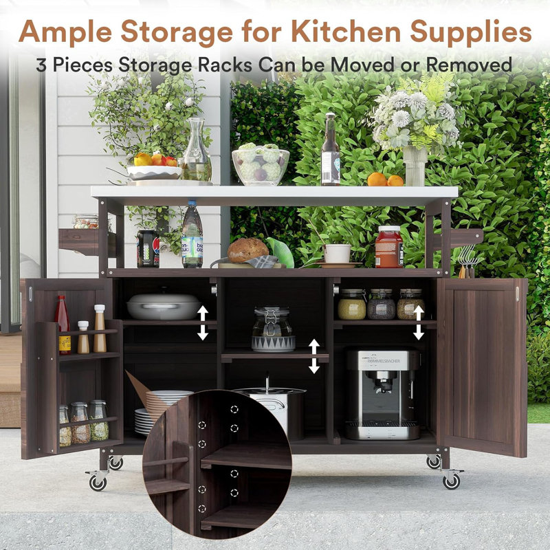 Versatile Outdoor Grill Cart With Storage, Spice Rack, Paper Towel Holder, And Lockable Wheels, Brown