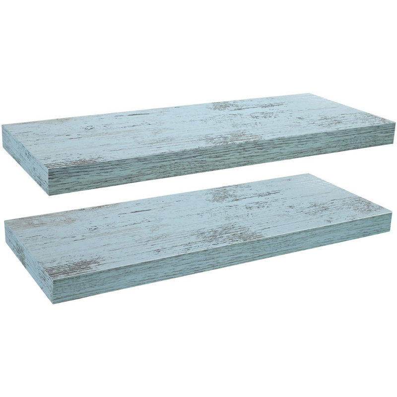 Rustic Coastal Blue Distressed Wood Floating Wall Shelf Set