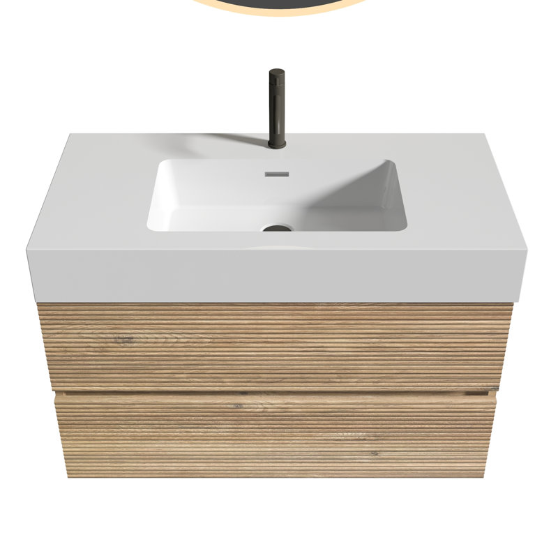 Meuble-lavabo moderne avec chêne brut de 36 po, tiroirs doubles, panneau de grille en chêne, matériau de qualité E1, meuble-lavabo rails silencieux, laque à base d'eau E0, quincaillerie