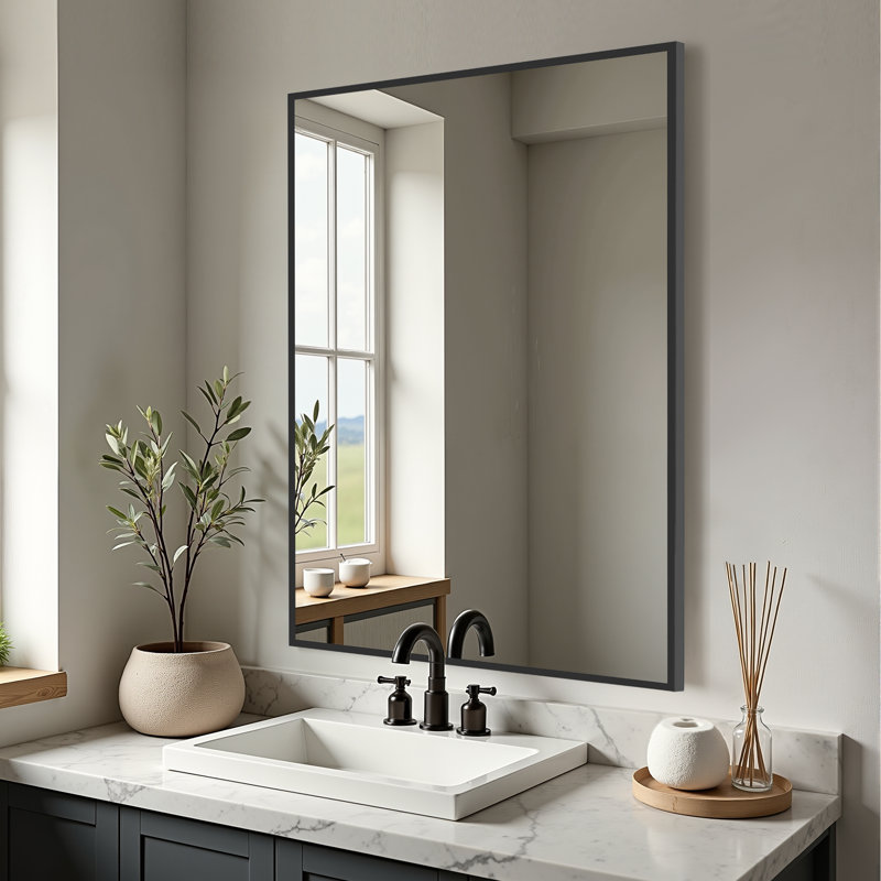 Miroir de salle de bain à cadre en métal doré 36 po Beunca, Noir, 38 po x 26 po