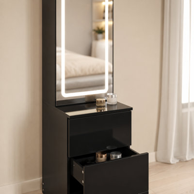 Armoire à miroir 63 po à DEL avec lumières réglables 3 couleurs, armoire de rangement multi-couches pour cosmétiques et bijoux, miroir pleine longueur