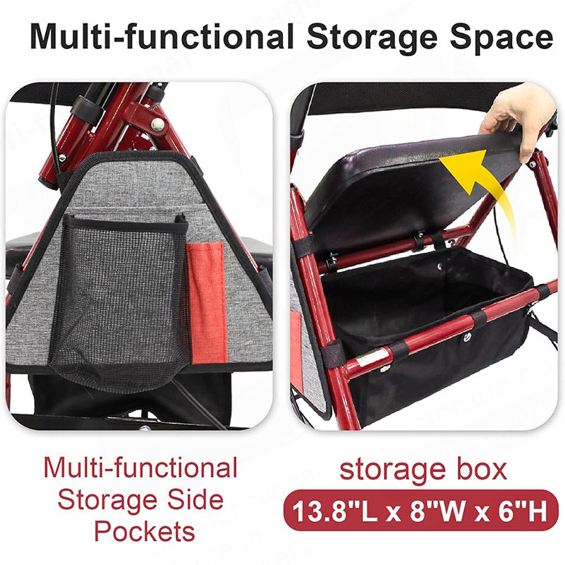 Déambulateurs légers pliables avec siège pour personnes âgées, capacité de 350 lb, hauteur réglable à 5 positions, déambulateur hybride de qualité supérieure - aluminium et acier au carbone (rouge)