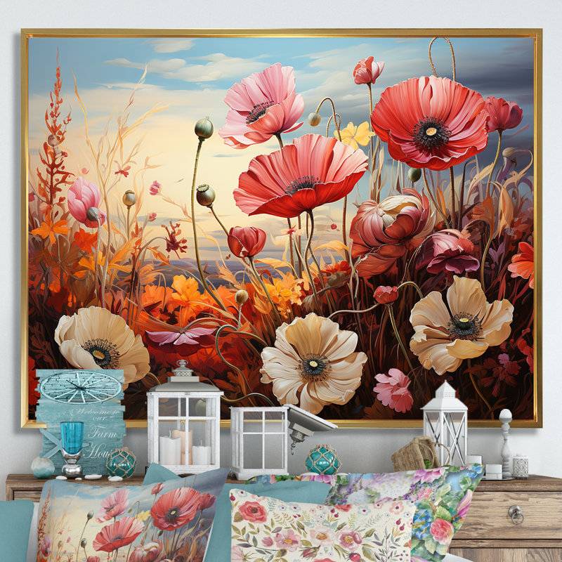 «Pink Crimson Flower Meadow Field V», reproduction sur toile, Cadre flottant doré, H 16 po x l 32 po