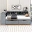 Lit plateforme en bois avec tablettes de rangement, tiroirs, station de charge et tête de lit tapissier-911000358-911000359