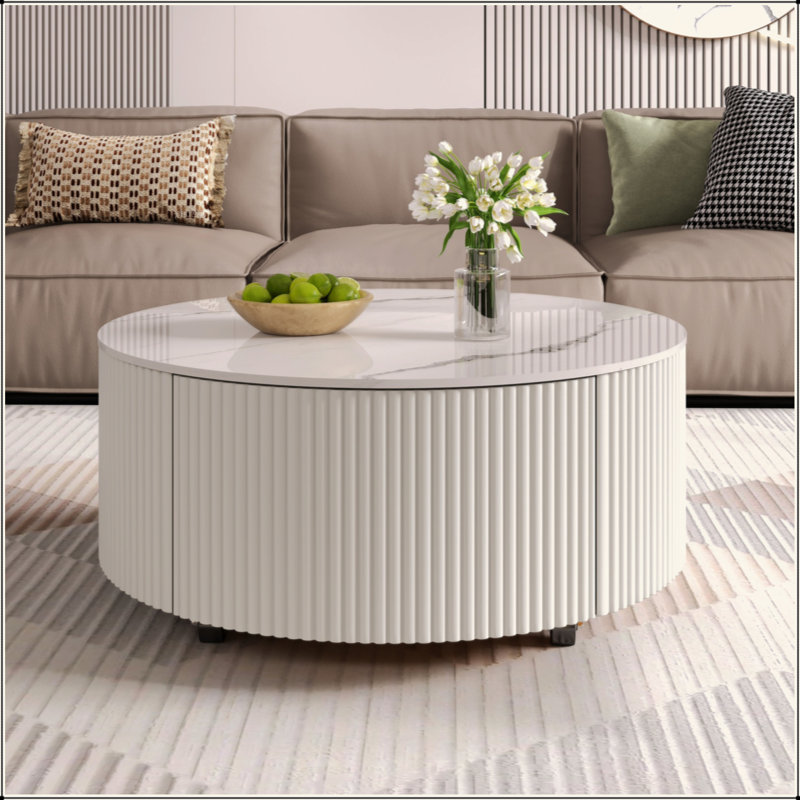 Table basse ronde moderne mobile avec roulettes, 2 tiroirs, plateau en pierre frittée à motif marbré