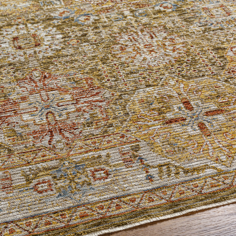 Tapis oriental en polyester tissé à la machine en beige, Rond 7 pi 10 po