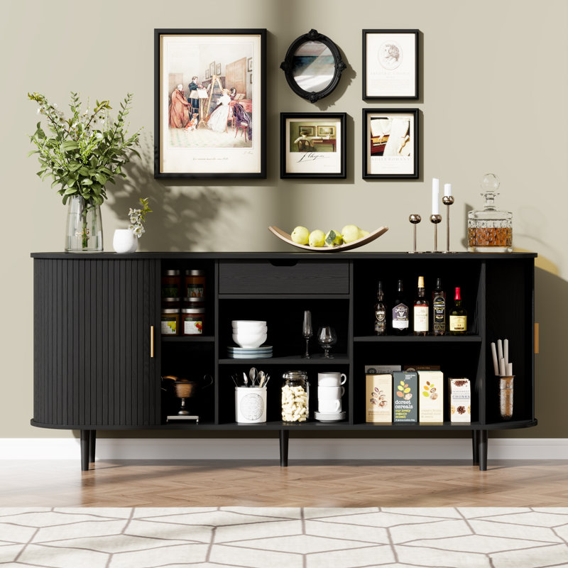 Buffet 70 po avec portes tambour rondes, grand tiroir de rangement, tablettes réglables et pieds en bois massif pour la salle à manger, le salon et le vestibule