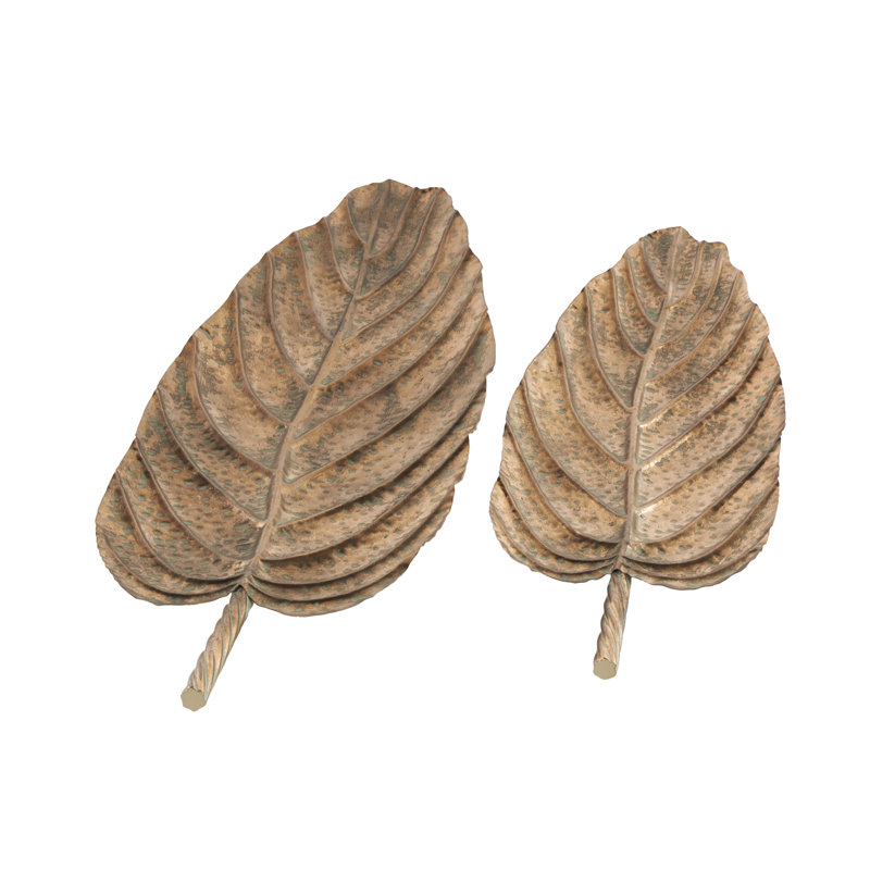 Pellenberg Metal Textured Leaf Decor Copper Tray with Patina Accents and Elevated Feet Set