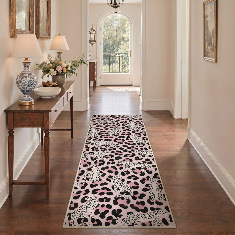 Aldovin Natura Inspired Machine Washable Leopard / Blush Pink Indoor Animal Print Area Rug With Non-Slip Backing