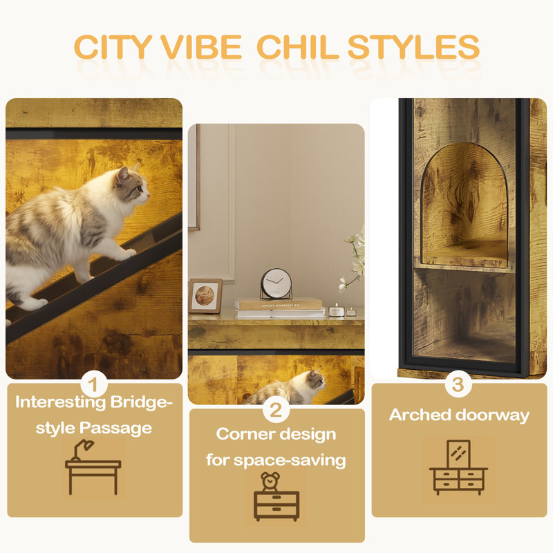 Enceinte de lit 48 po pour coin litière, armoire de coin cachée moderne avec porte en acrylique et lumière DEL, Tigre