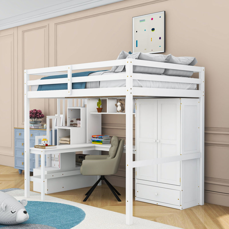 Lit mezzanine double en bois avec bureau, garde-robe, tiroir, tablettes et station de charge, Blanc