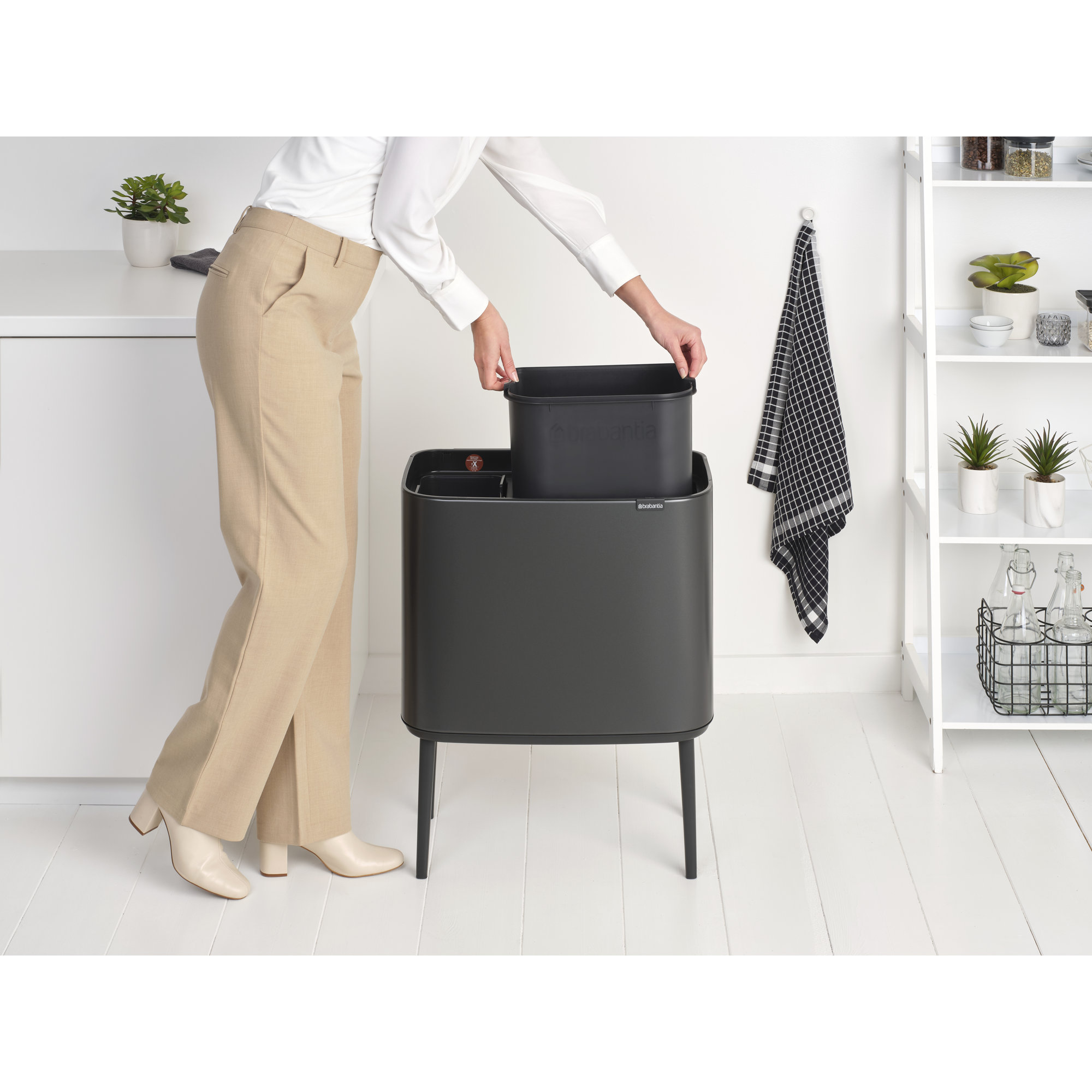 Brabantia Bo Touch Top Dual Compartment Recycling Trash Can, 3 + 6 Gallon (9 Gallon Capacity), Confident Gray