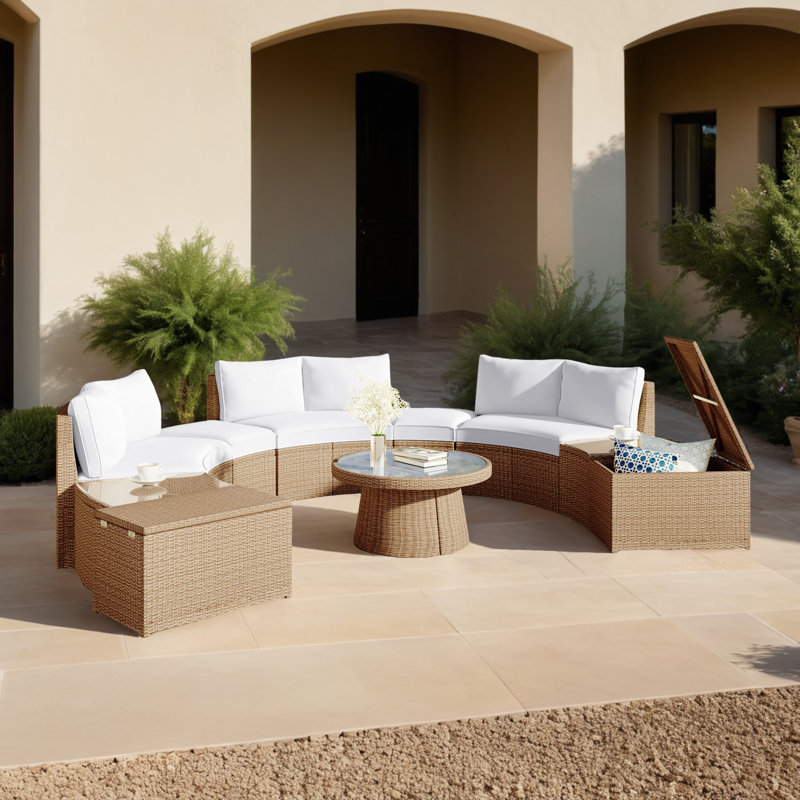 Ensemble de canapé modulaire d'extérieur 10 pièces demi-lune avec table basse, Blanc, Brun