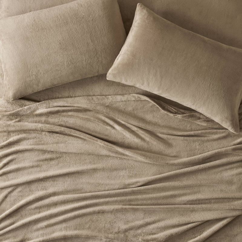 Taupe King Size Plush Polyester Sheet Set with Pillowcases