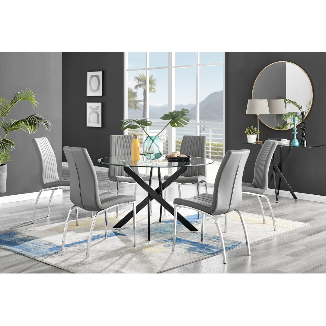Tierra Black Metal and Glass 6 Seat Round Dining Table Set with Luxury Faux Leather Dining Chairs East Urban Home Chair 
