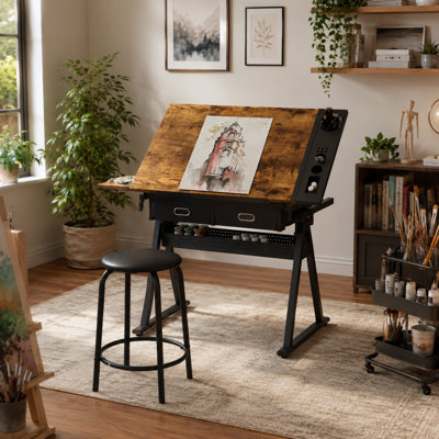 adjustable drawing drafting table desk with 2 drawers for home office and school with stool(brown)