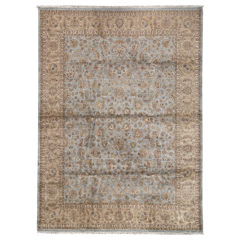 Hand Knotted Silk Area Rug in Light Blue And Gold