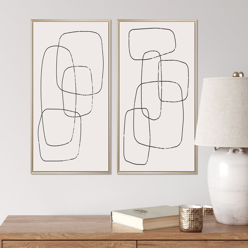 «Abstract Geometric Minimalistic Line I», ensemble de 2 peintures, H 20 po x l 24 po x P 1 po, Cadre brun