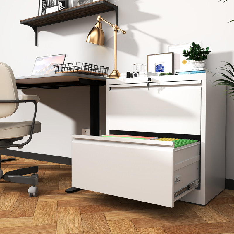 2 Drawer White Steel Horizontal Filing Cabinet, Build, Adjustable Hanging Bar, - Tip Design Metal Lateral Cabinet For Office, Cold Rolled Steel, Smooth Movement, Bearing Rails