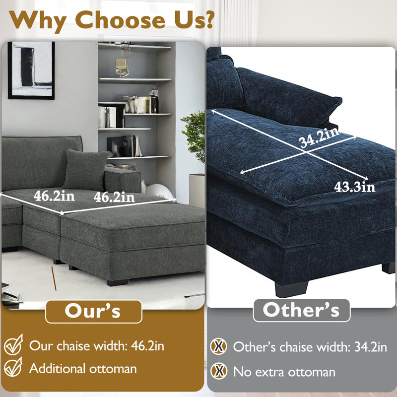 102" Upholstered Deep Seat Chaise Sofa With Ottoman, Right Hand Facing, Dark Gray Polyester