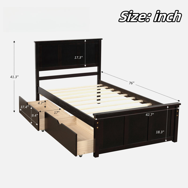 Lit plateforme en bois avec deux tiroirs sous le lit, Espresso