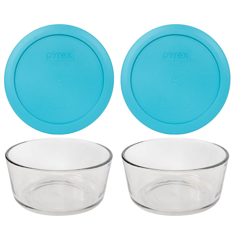 Pyrex (2) 7201 4 Cup Glass Bowls & (2) 7201-PC Lids, Surf Blue