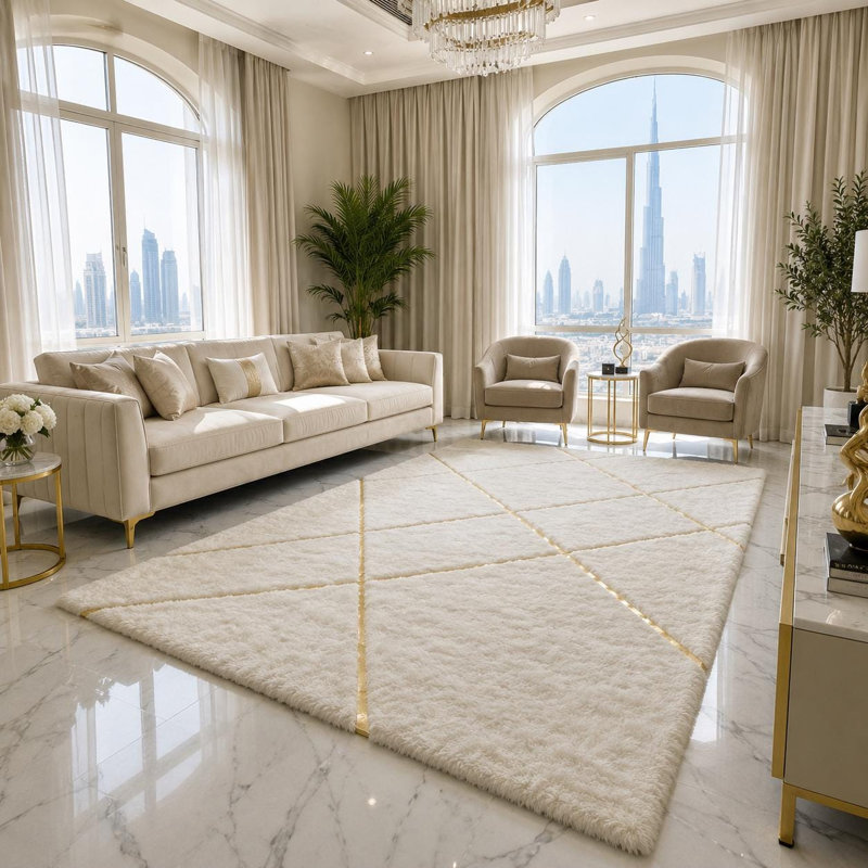 Tapis géométrique ivoire en peluche, tapis en fausse fourrure douce, décoration moderne, 8 x 10 ft