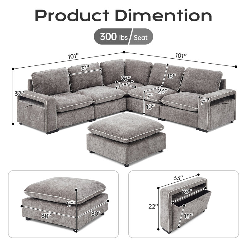 Canapé modulaire en chenille gris avec accoudoirs l 102,36 po, Gris