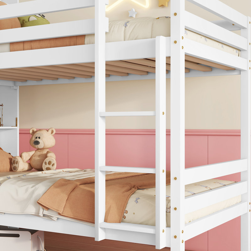 Lit superposé simple au-dessus de simple avec tablettes, lit en bois d'hévéa avec tête de lit à tablettes, barrières de sécurité et échelle, convertible en 2 lits