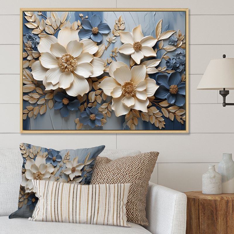 Composition de fleurs saisonnières beige et bleu - Fleurs saisonnières, H 24 po x l 32 po x P 1 po, Cadre naturel flottant