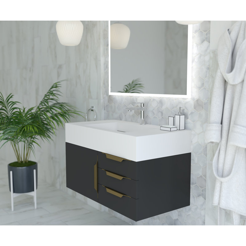 Ensemble de meuble-lavabo simple 36 po avec miroir Modern, Blanc, Noir, Or