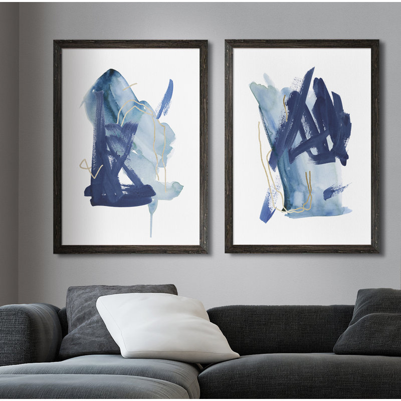«Indigo Collide I» par Melissa Wang - ensemble de 2 peintures encadrées, H 24 po x l 18 po, Toile encadrée, Ébène