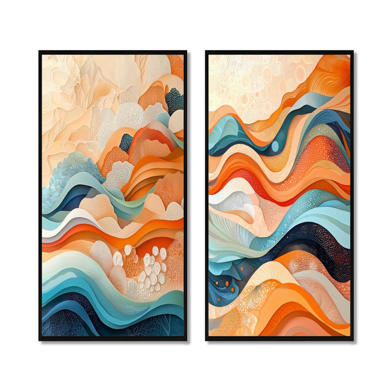 Orange Transitional Spriral Oceanic Waves I - Abstract Wall Decor 2 Panels, Black Floater Framed, 32" H x 33" W